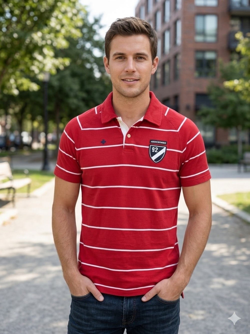Abercrombie & Fitch Red Striped Polo with Crest